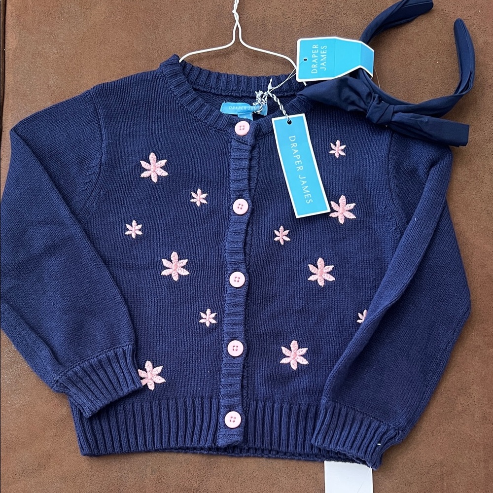 Draper James Blue Cardigan with Pink Floral Details/ Blue Headband Sz 4 NWT